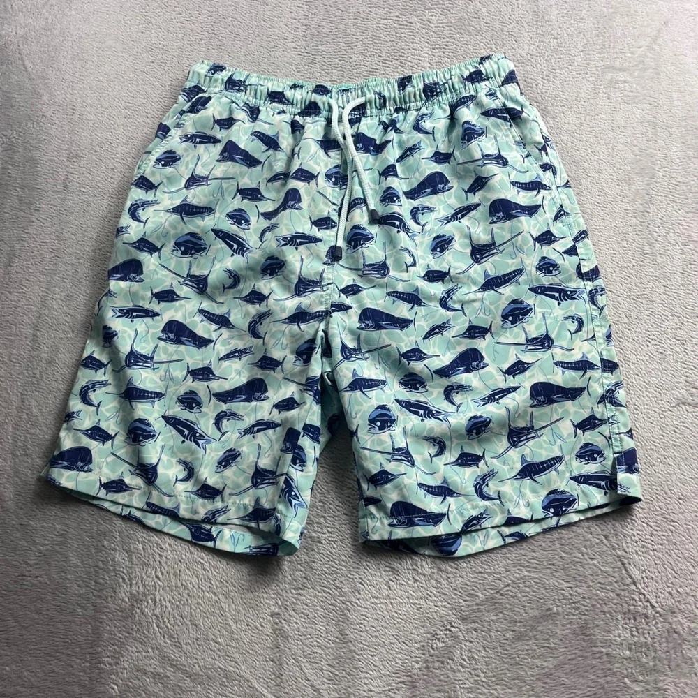 Peter Millar Seaside Mens Blue Teal Fish Print Swim Trunks Shorts Size M